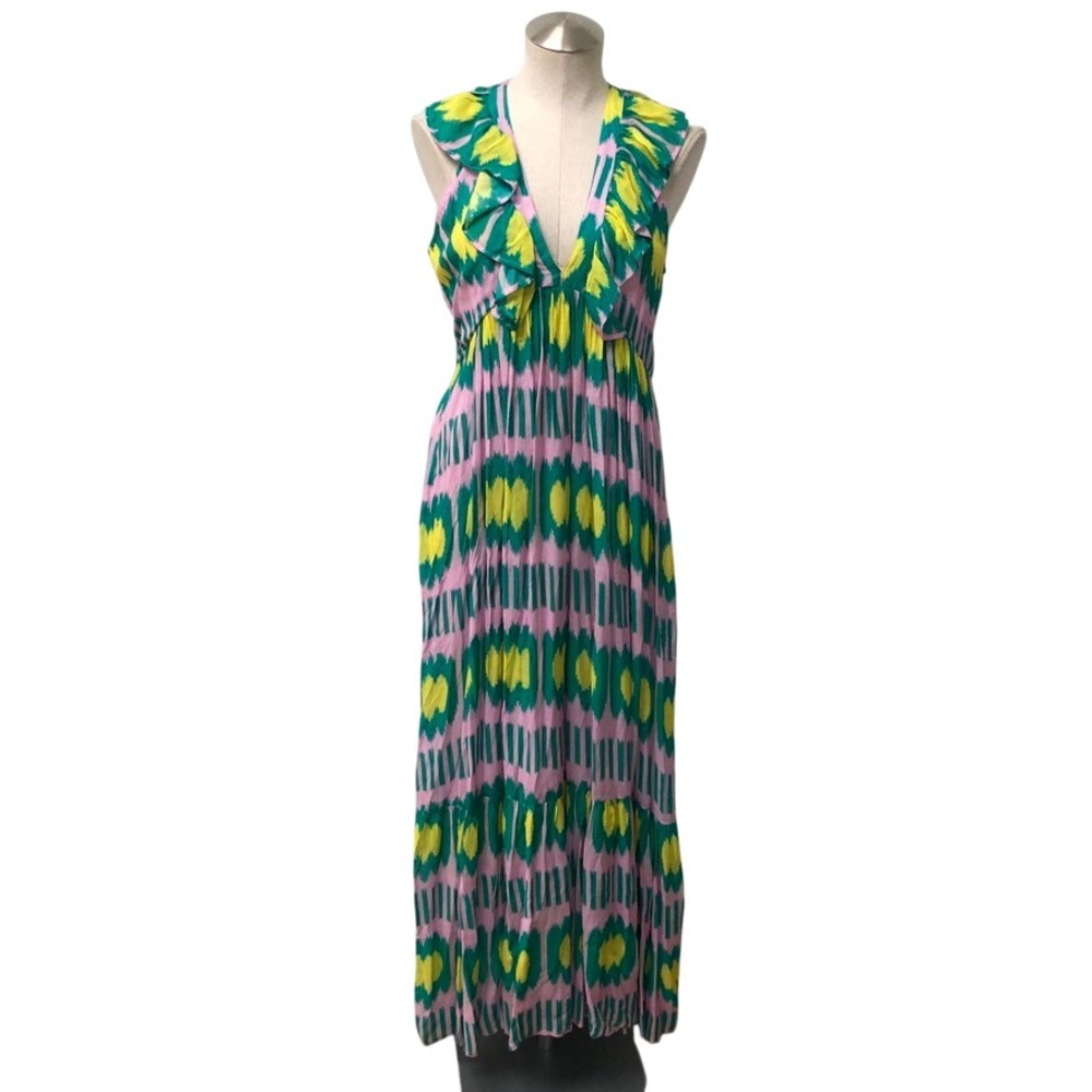 Oliphant Maxi Dress Womens M Pink Green Yellow Ruffle V-Neck Cotton Silk Ikat
